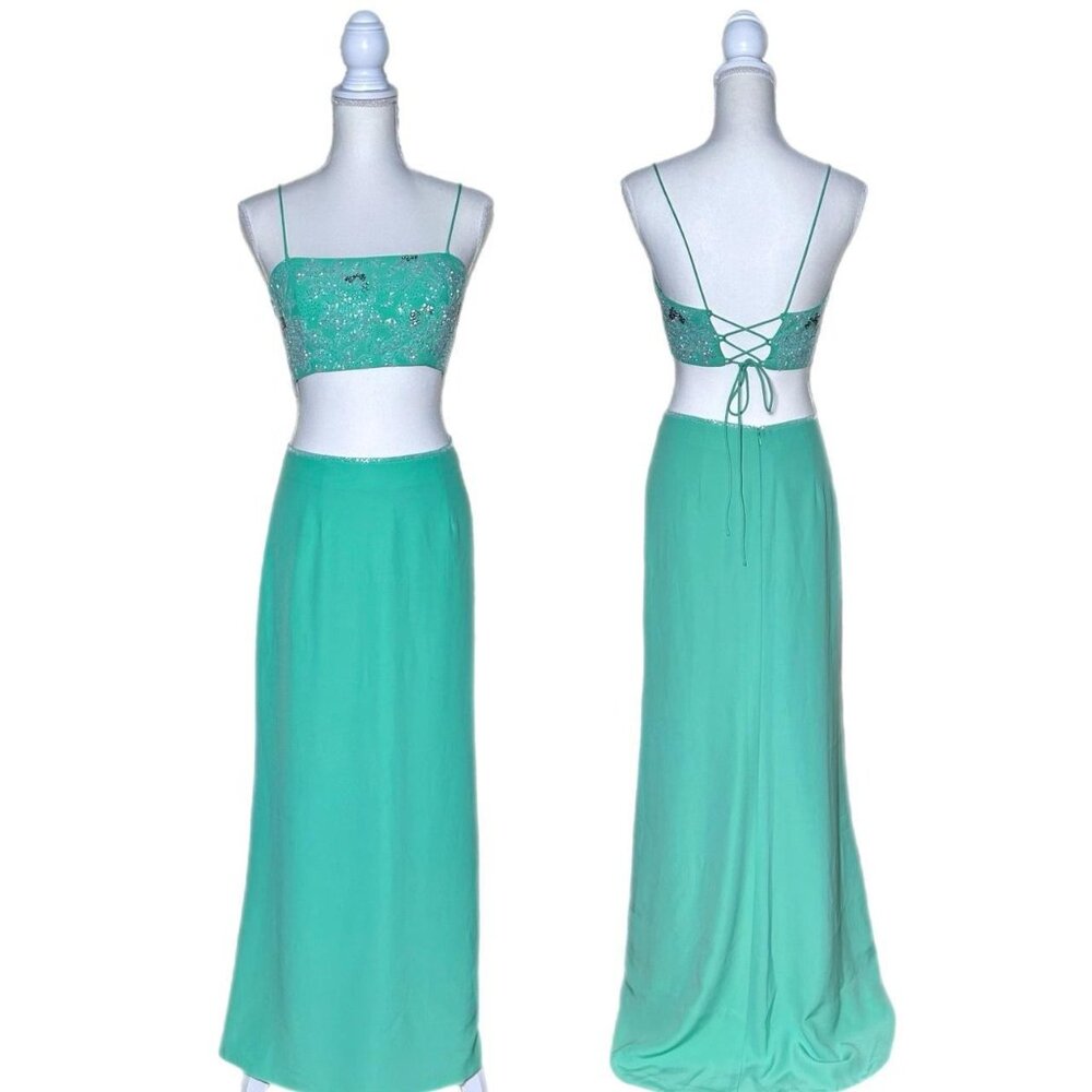 Vintage 90s/Y2k 100% Silk Mint Green Beaded Two-Piece Prom Dress- Size 4/Small
